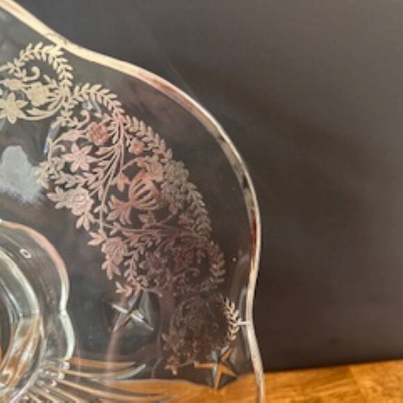 Vintage Footed Glass Serving Plate Sterling Silver Overlay Floral Etched Clear G - Picture 3 of 5